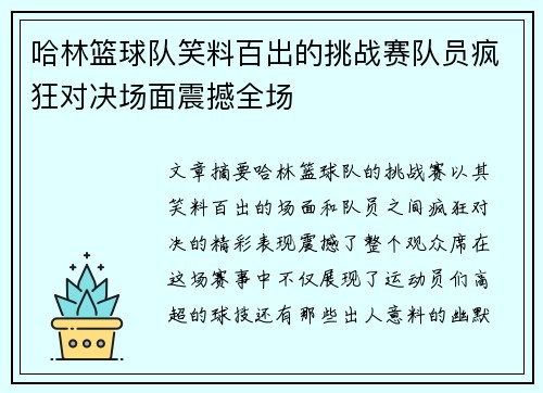哈林篮球队笑料百出的挑战赛队员疯狂对决场面震撼全场