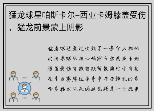 猛龙球星帕斯卡尔-西亚卡姆膝盖受伤，猛龙前景蒙上阴影